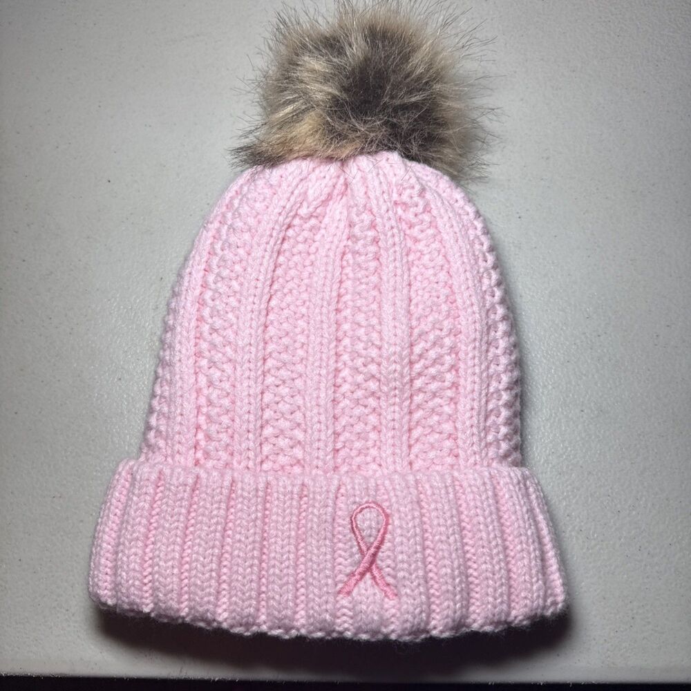 Pink Breast Cancer w/puff Beanie